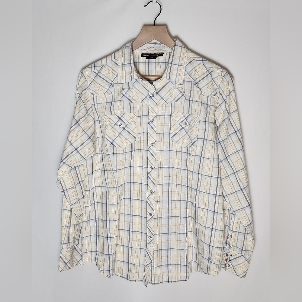 Ariat Pro Series Women's Plaid Cream Button Up Western Long Sleeve Shirt Large